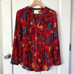Maeve Anthropologie Printed Pintucked Blouse Red Multicolor Floral Size M Photo 3