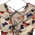 Butterfly Print Women's Crop Top, Pretty Lace Up Back Size Small Yellow Photo 5