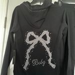 BCBGMAXAZRIA NWT  Cotton Rhinestones Bows Hoodie Track Suit 2-Piece Blk/Silver XL Photo 3