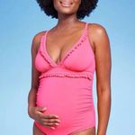 Isabel Maternity One Piece Swimsuit LARGE Pink Ruffle Plunge Padded Ruched Beach Photo 8