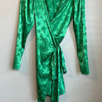 ZARA Dress Size Medium Satin Bright Green Kimono Style Wrap Floral Photo 0