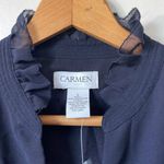 Carmen Marc Valvo NWT  navy sheer ls blouse with gold button and ruffle detail. Photo 4