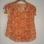 Anthropologie Terra Shirred Blouse Metallic Accent Tassel Tie Shoulder XS Orange Photo 3