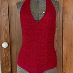 Bebe Red Lace Floral Halter Sexy Lolita Layering Bodysuit - Size M Photo 2