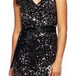 Bisou Bisou Womens  Black Sequin Sleeveless Drape Party Dress w Satin Sash - Sz 4 Photo 0