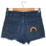 Modcloth Womens Small Jean Shorts Raw Hem High Rise Rainbow Embroidery Blue Photo 2