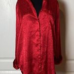 RED SATIN DAMASK PRINT LONG SLEEVE BUTTON DOWN NIGHT SHIRT GOWN Size M Photo 0