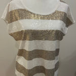 Chico's  White & Gold Sequin Striped Short Sleeve Tee Size S holiday top Photo 0