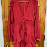 For Love & Lemons Flamingo Pink Tarta Print Long Sleeve Mesh Feminine Dress Photo 0