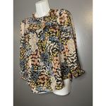 Monteau  Blouse Womens Small Black Floral Ruffle Long Sleeve Sheer Lurex Top Photo 2