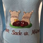 Vintage lady lamode “your sack or mine” potato raunchy humor sweater Blue Photo 1