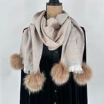 Vibrant Cashmere Scarf with Faux Fur/Fur Pom Poms Gray & Tan Striped Abstract Photo 1