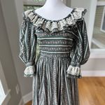 Vintage 1970s Handmade Dark Green Pink Floral Lace Prairie Maxi Dress Size Small Photo 4