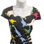 Dinosaur Print Dress Black Cotton Blend Square Neck Short Sleeve Casual Large Photo 2