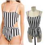ONIA  Rumi Black &‎ White Striped Cutout One Piece Swimsuit Belted Size Photo 1