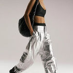 NEW Free People FP Movement Mesmerize Me Shine Pants Size SMALL Silver Photo 0