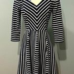 Gabby Skye Black & White Stripes V Neck 3/4 Sleeve Flare Skirt Dress Size 4 Photo 0