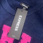 EXPRESS NWT  Navy Blue  “PARIS” Sweater Pink Fuzzy Letters Cozy Knit Pullover L Photo 6