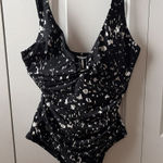 DKNY   Women's Ruched One-Piece Swimsuit Size Large Black white Tummy Control Photo 0
