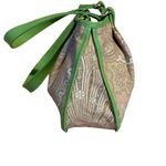 ETRO GREEN FAUX LEATHER TRIM W/TAN & GRAY COTTON PAISLEY PRINT BODY SATCHEL BAG Photo 3