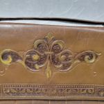 Antique Tooled Leather Clutch Handbag Brown Gold Taffeta Kiss Lock Handle Purse Photo 7