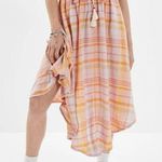 American Eagle  Plaid Linen Blend Pull-On Midi Skirt Medium Women’s Orange 4387 Photo 0