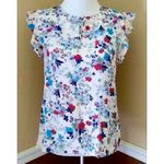 Fun2Fun Modcloth  Ivory Blue Floral Flutter Cap Sleeve Front Keyhole Top S Photo 1