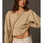 Anthropologie  Cropped Batwing Eyelet Sweatshirt Top Boho Beige size XXS Petite Photo 1