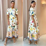 Alemais Theo Midi Dress Tropical Print Linen Cotton Puff Sleeve Size 0 NWT White Photo 13