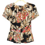Trina Turk Top Size 2 Black Brown Floral Peplum Short Sleeve Preppy Work Office Photo 1