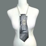 “Dainty Dapper” elegant dark gray textured necktie necklace with silver brooch White Photo 2