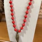 Vintage Red paper beads, bronze accents and leather chain & tassel necklace Photo 1