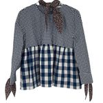 ZARA Womens Long Sleeve Gingham Top Blouse Floral Neck Tie Blue White Medium Photo 0