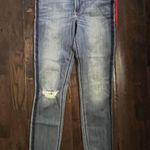 EXPRESS ankle legging high rise denim with red and navy stripe and rips on knees Photo 8