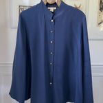Patrick Christopher Dark Blue 100% Silk Band Collar Gold Button Blouse 18W Photo 0