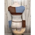Colorblock Crochet Knit Top | Long Bell Sleeve Off Shoulder Sweater Size Small Brown Photo 5