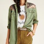 Anthropologie Sequin Shoulder Utility Shirt Jacket Olive Green Button Down XS Photo 0