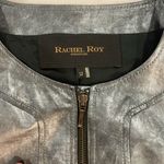 Fitted soft leather graphite pewter metallic 3/4 sleeve pockets pleated zippers Gray Size 12 Photo 1