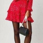 Red Lurex Floral Dress Long Sleeve and Ruffles Size XS Photo 0