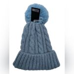 ILLUMA Women’s Blue Cuffed Cable Stitch Faux Fur Pom Pom Beanie Hat NWT Photo 3