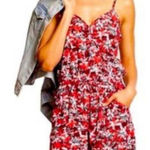 Banana Republic 100% Rayon Red & Black Floral Spaghetti Strap V-Neck Romper XS Photo 0
