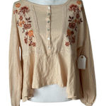 Coco + Jaimeson  embroidered floral cream/pink longsleeve peplum blouse NWT Photo 0