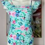 Nanette Lepore Blue Floral Butterfly Ruffle Strap One Piece Swimsuit Size 12 Photo 0