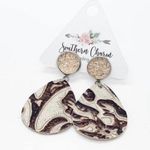 Champagne and Cream Brown Leather 2” Earrings. Embossed dangle jewelry Photo 0