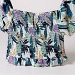 Roxy  Smocked Puff Sleeve Crop Top Large Tropical Leaf Print Boho Festival‎ Photo 2