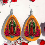 Rose Flower Virgin Mary Print‎ Teardrop Dangle Earrings Faux Leather Orange Photo 1