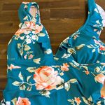 Cupshe  Teal Peach Floral Ruffle V-Neck Lace Up Back Monokini Swimsuit XL Photo 5