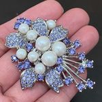 Vintage Unsigned Purple Lavender Rhinestones Pearl Flower Brooch Photo 10