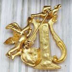 Vintage Gold Tone Harp Brooch Pin Cupid Angels Rhinestone Heart 1.75" Photo 6