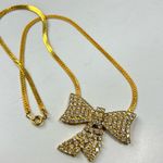 Vintage 80’s gold tone herringbone rhinestone bow necklace 17” Photo 3